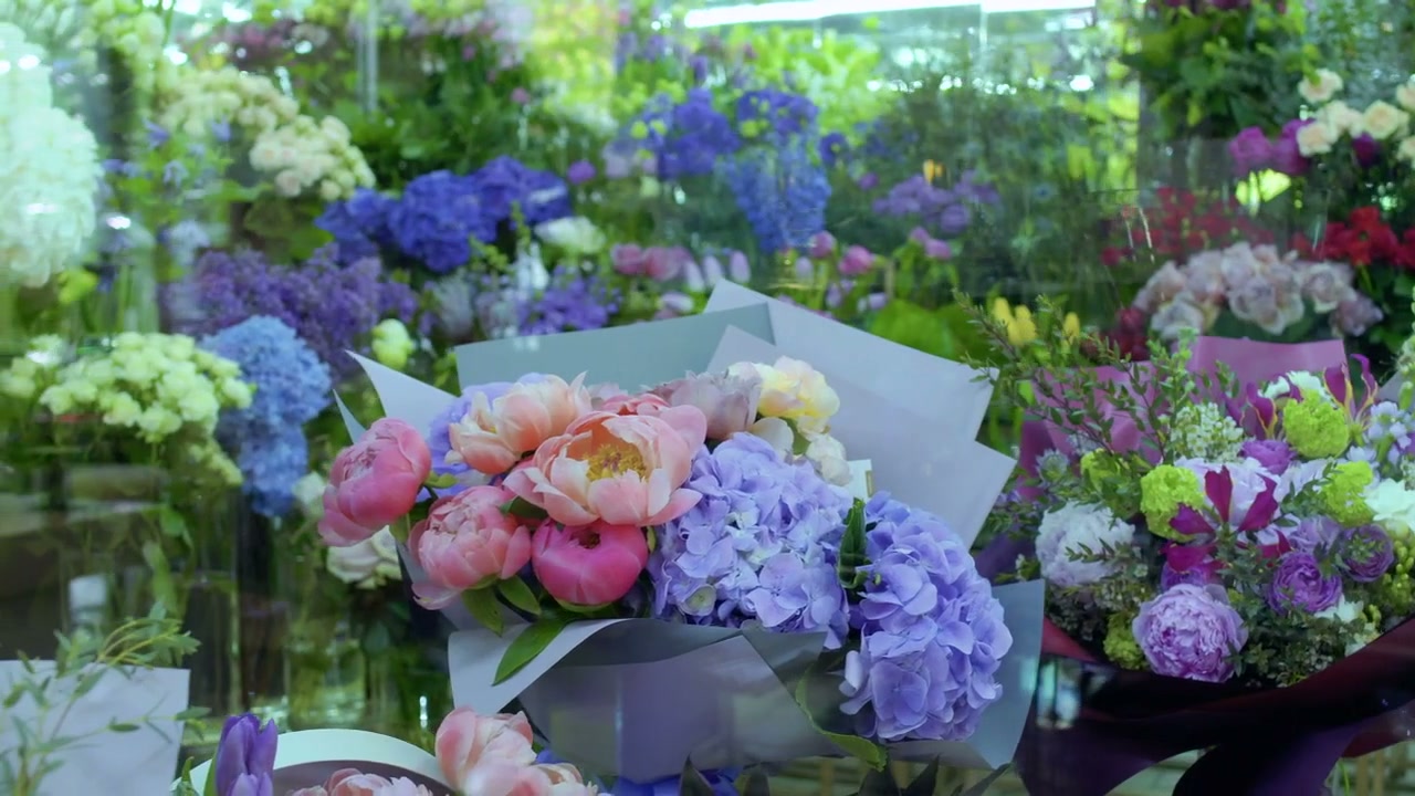 Bouquets on display at a flower shop.
